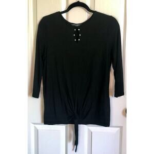 Lisette L Black Knit 3/4 Sleeve Shirt with Rhinestone Detail & Tie Front - Small